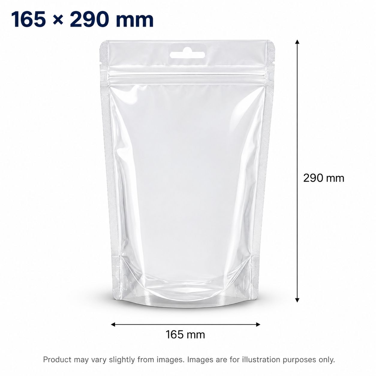 165 x 290 mm Clean Standup Zip Lock Pouches with Euro cut and Hang Hole