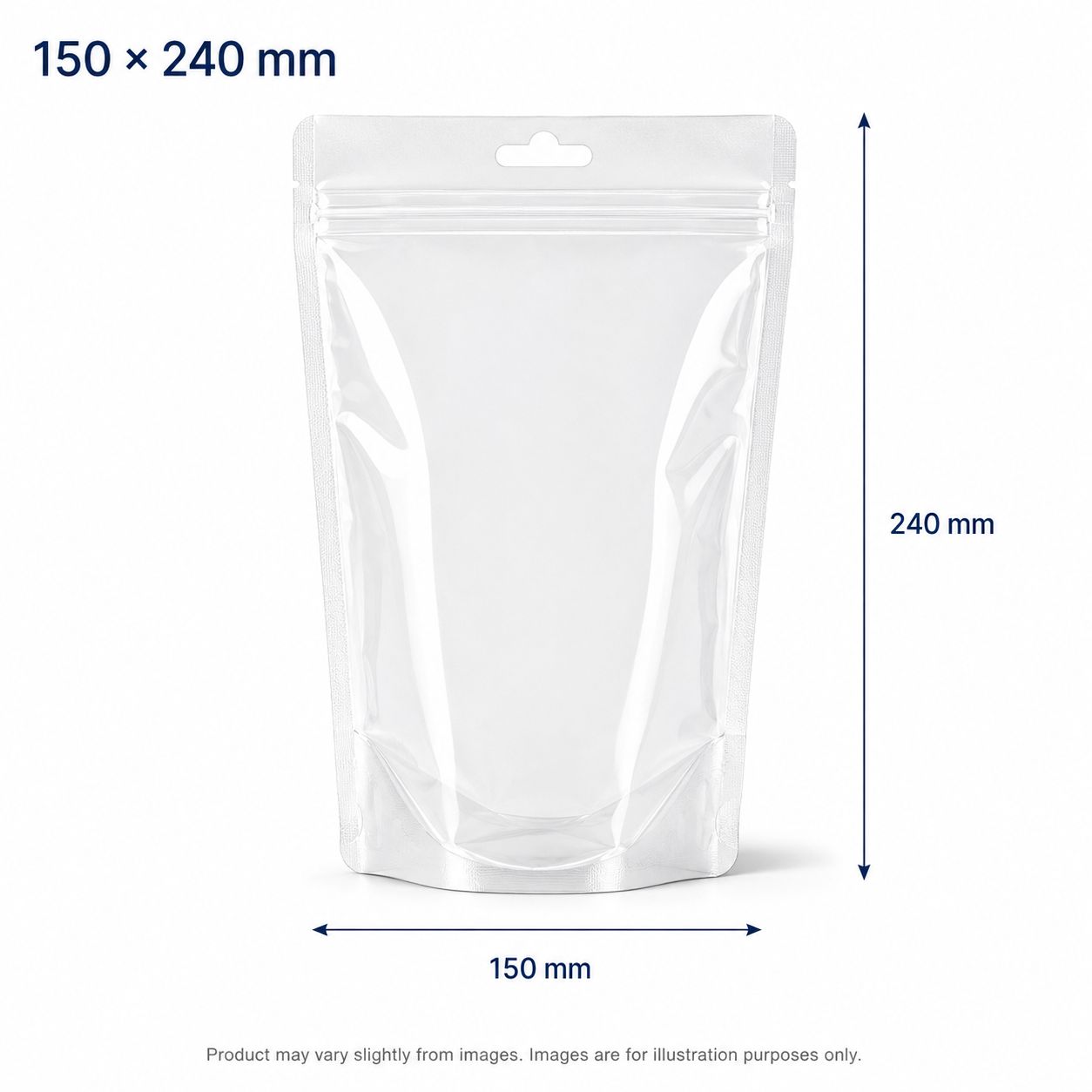 150 x 240 mm Clean Standup Zip Lock Pouches with Euro cut and Hang Hole