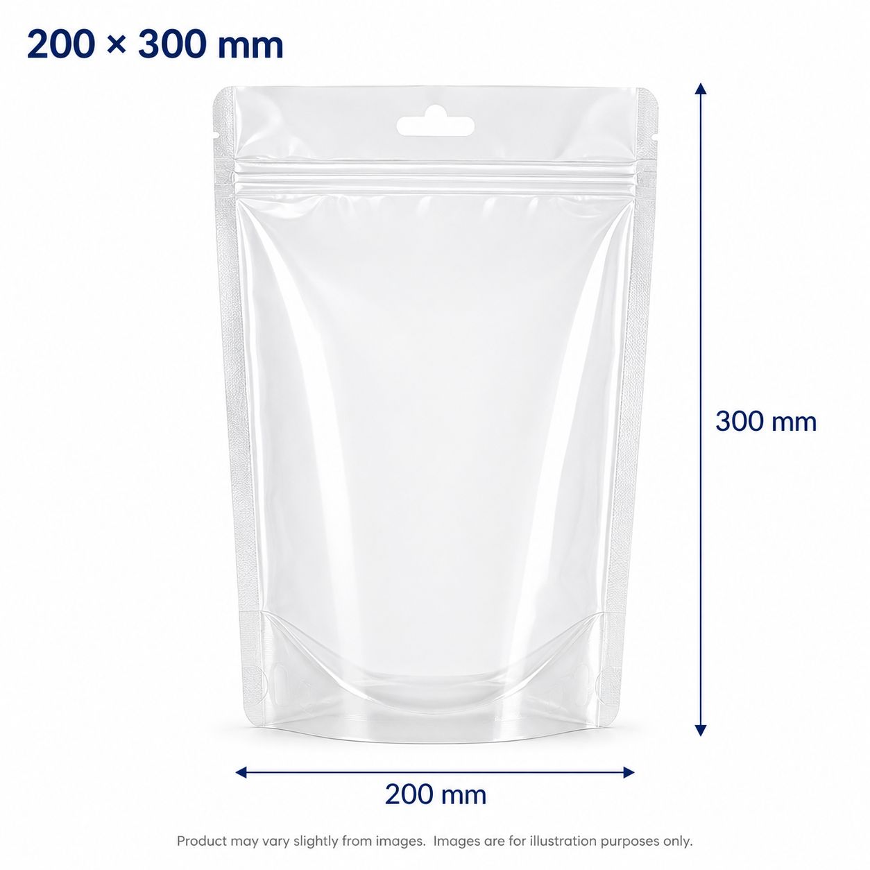 200 x 300 mm Clean Standup Zip Lock Pouches with Euro cut and Hang Hole