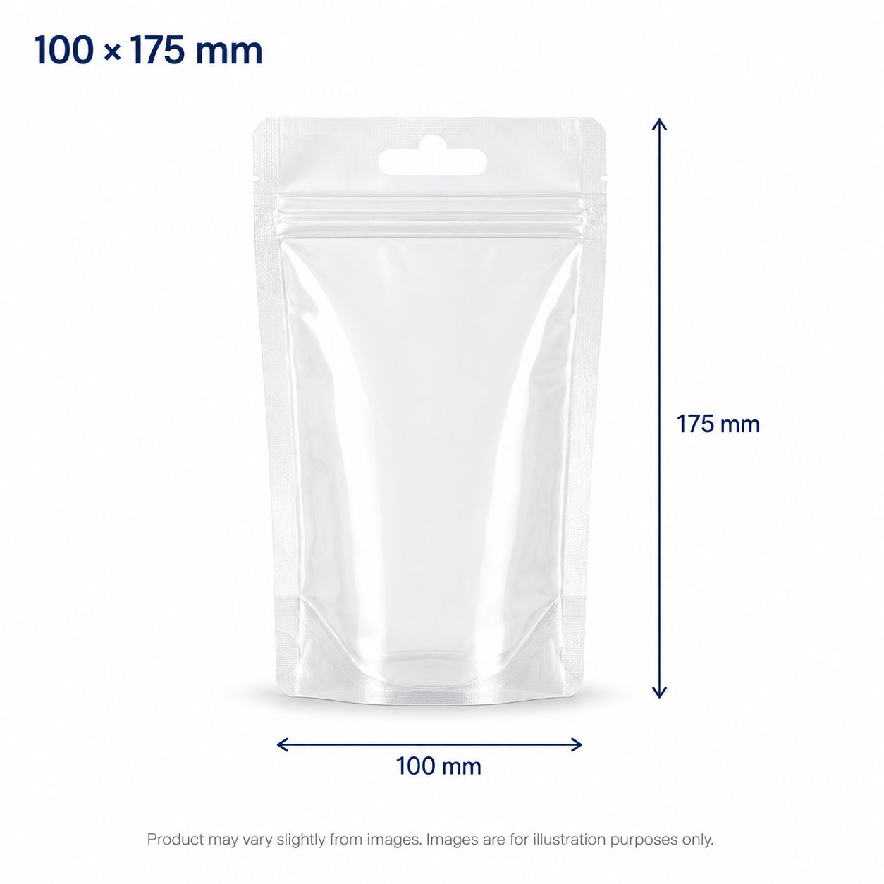 100 x 175 mm Clean Standup Zip Lock Pouches with Euro cut and Hang Hole